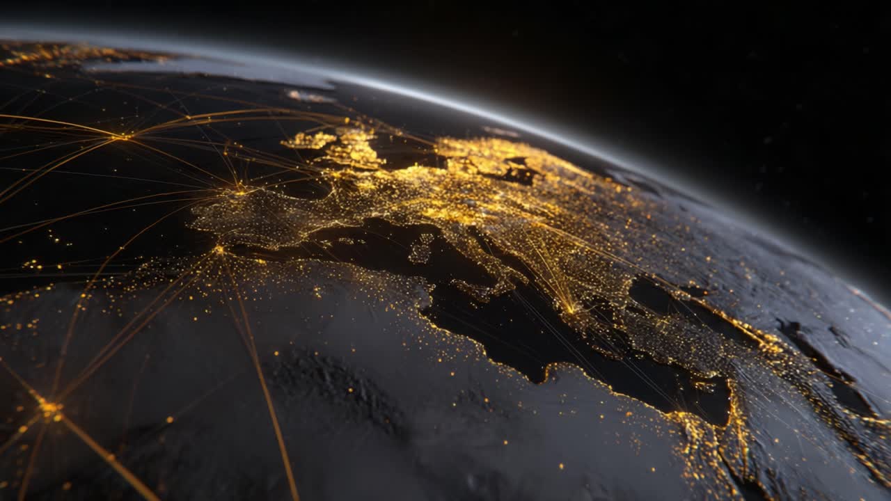 A Captivating Overview of Europe Illuminated by Night, Showcasing Urban Centers and Connectivity through a Network of Light Across the Continent