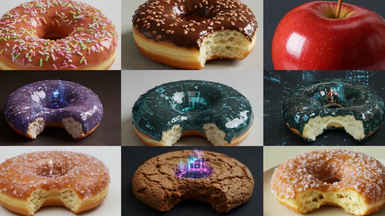 A Colorful Variety of Donuts with Digital Designs and a Bright Apple: A Juxtaposition of Traditional Snacks and Futuristic Themes in Vibrant Imagery