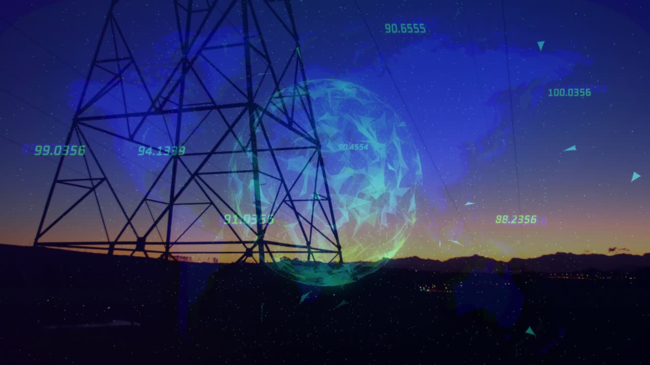 Horizonte escurecendo, globo holográfico iluminando, traçando arcos, números e marcadores se movendo, mostrando fluxo de energia