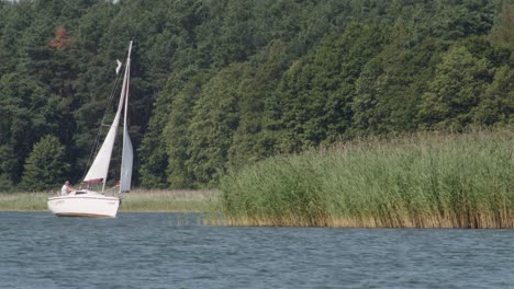 Boat-sailing-On-Wdzydze-Lake-In-Poland---wide,-static-1