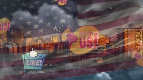 multiple social media icons floating over waving american flag against cityscape