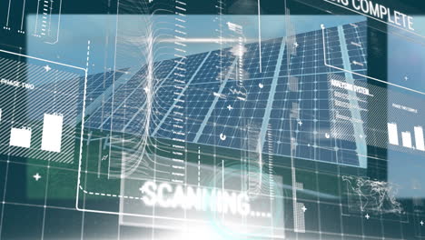 animation of interface with data processing over screens with spinning windmills and solar panels