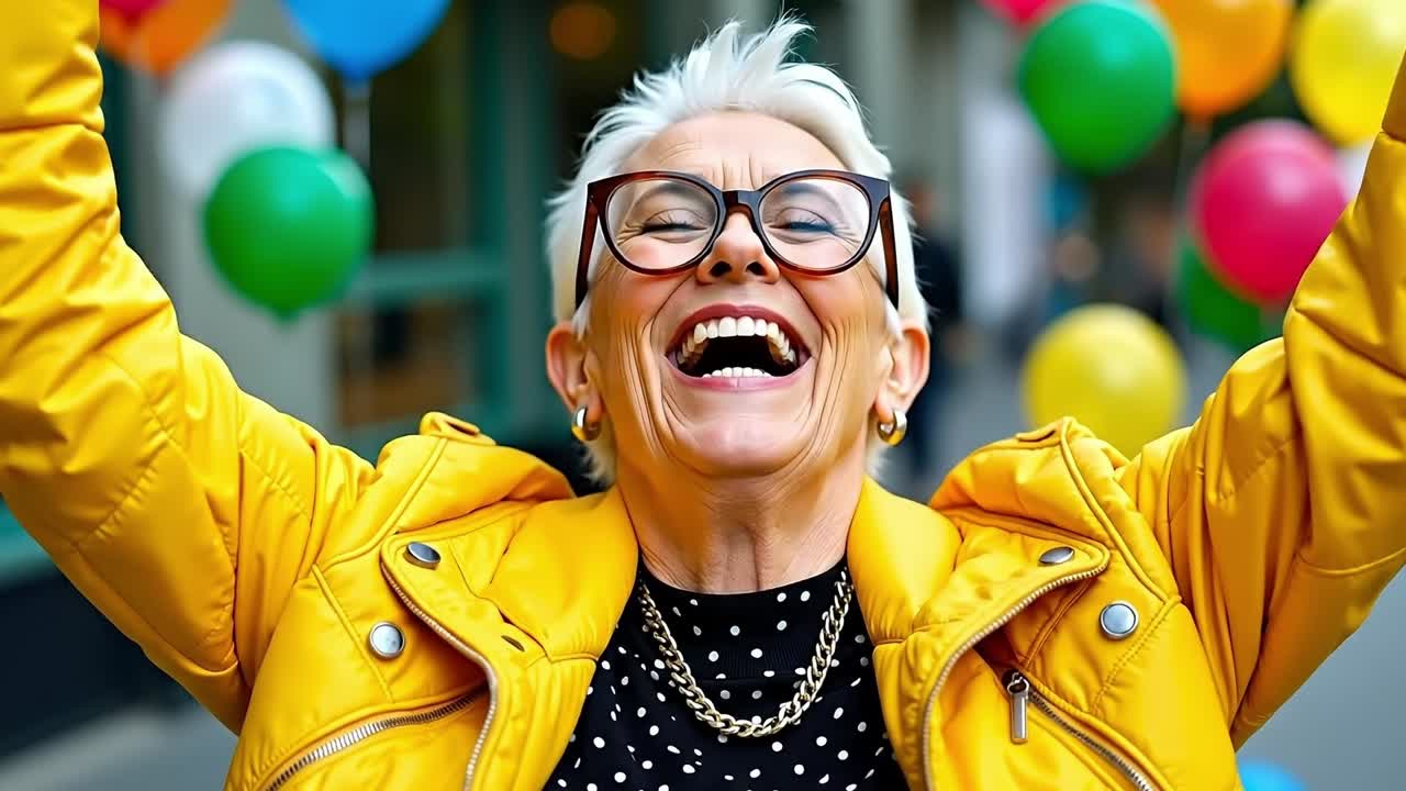 A woman in a yellow jacket and glasses with her arms up in the air