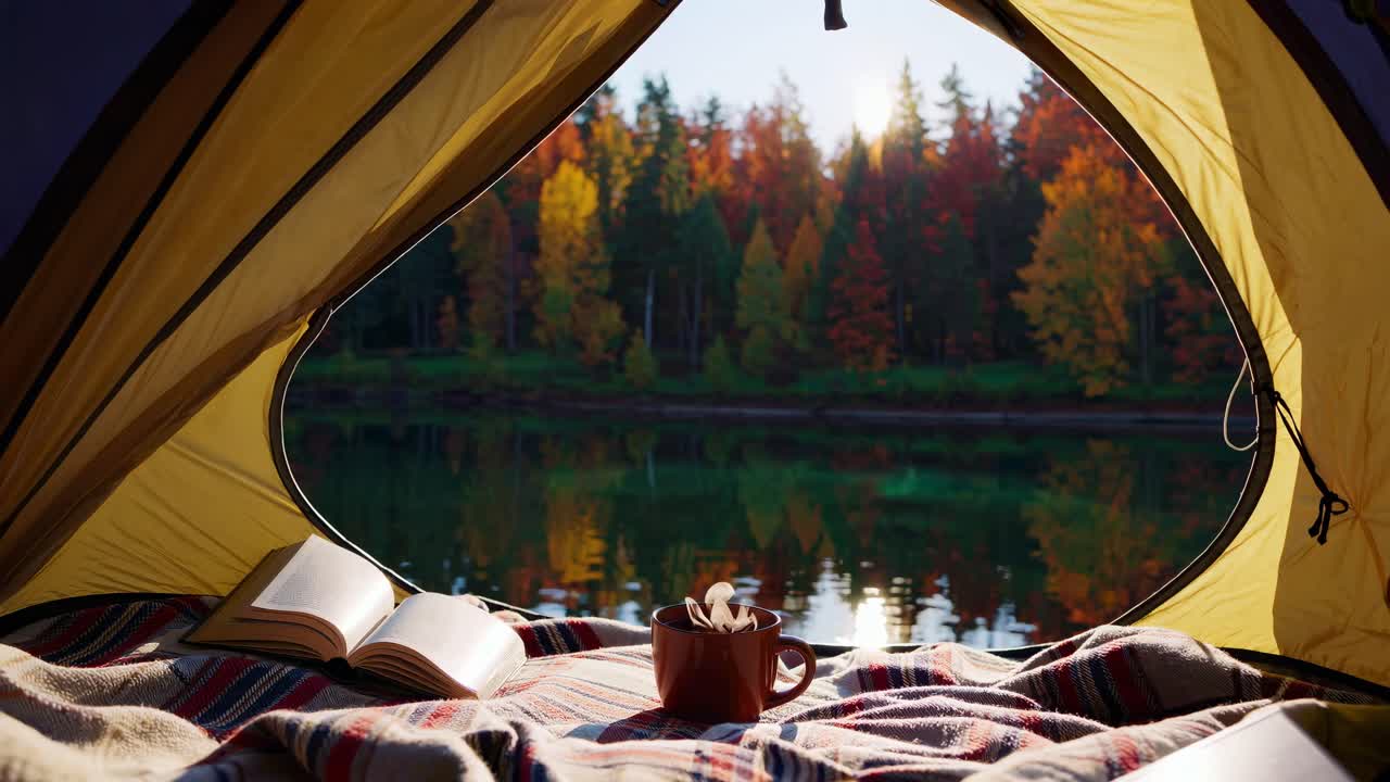 POV video style from inside a tent, capturing a serene lakeside view with a steaming mug and open