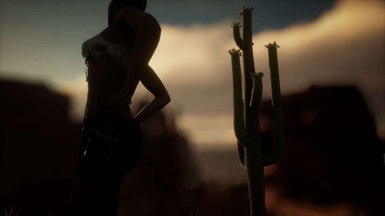 mujer con camisa rasgada de pie junto a un cactus en el desierto al atardecer