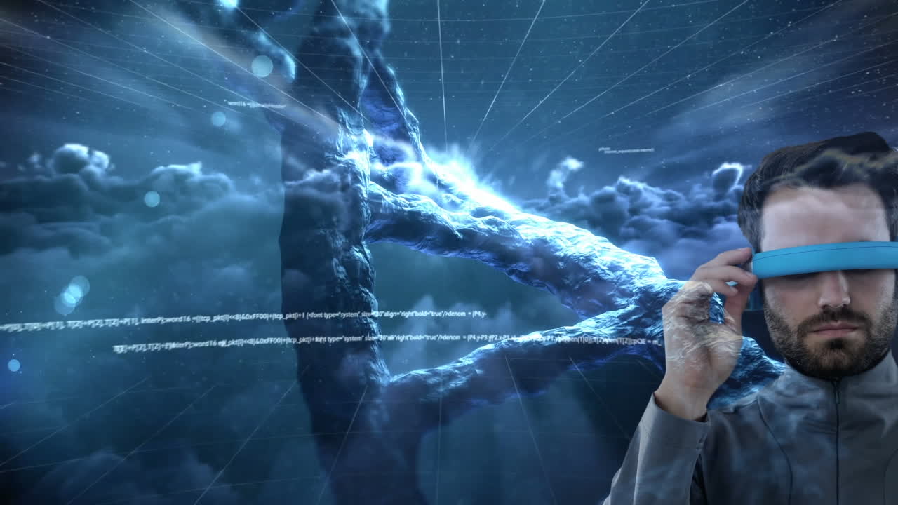 vr 안경을 착용한 백인 남자가 dna 구조와 데이터 처리를 어두운 구름에 대비합니다.