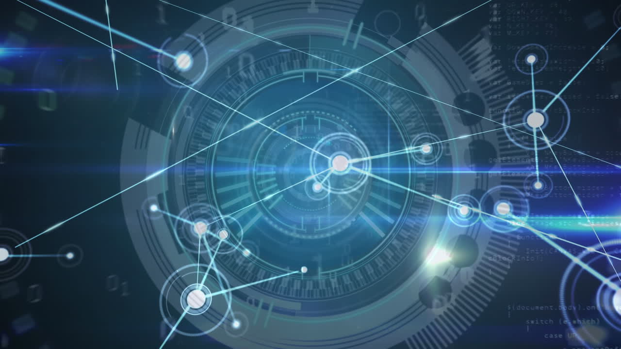 검은 바탕에 스 ⁇  스캐닝을 통해 데이터 처리를 하는 연결 네트워크의 애니메이션