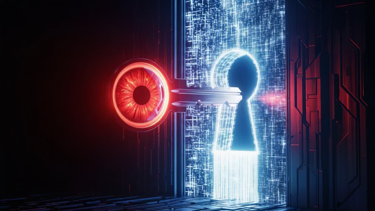 A Captivating Journey into the Unknown: Unlocking Secrets with a Futuristic Eye and Key in a Glowing Digital Realm
