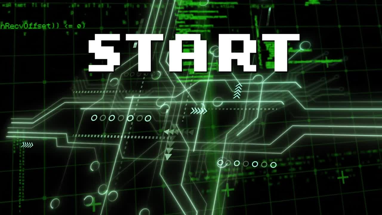 검은 바탕에 대한 데이터 처리를 통해 시작 텍스트와 마이크로프로세서 연결의 애니메이션