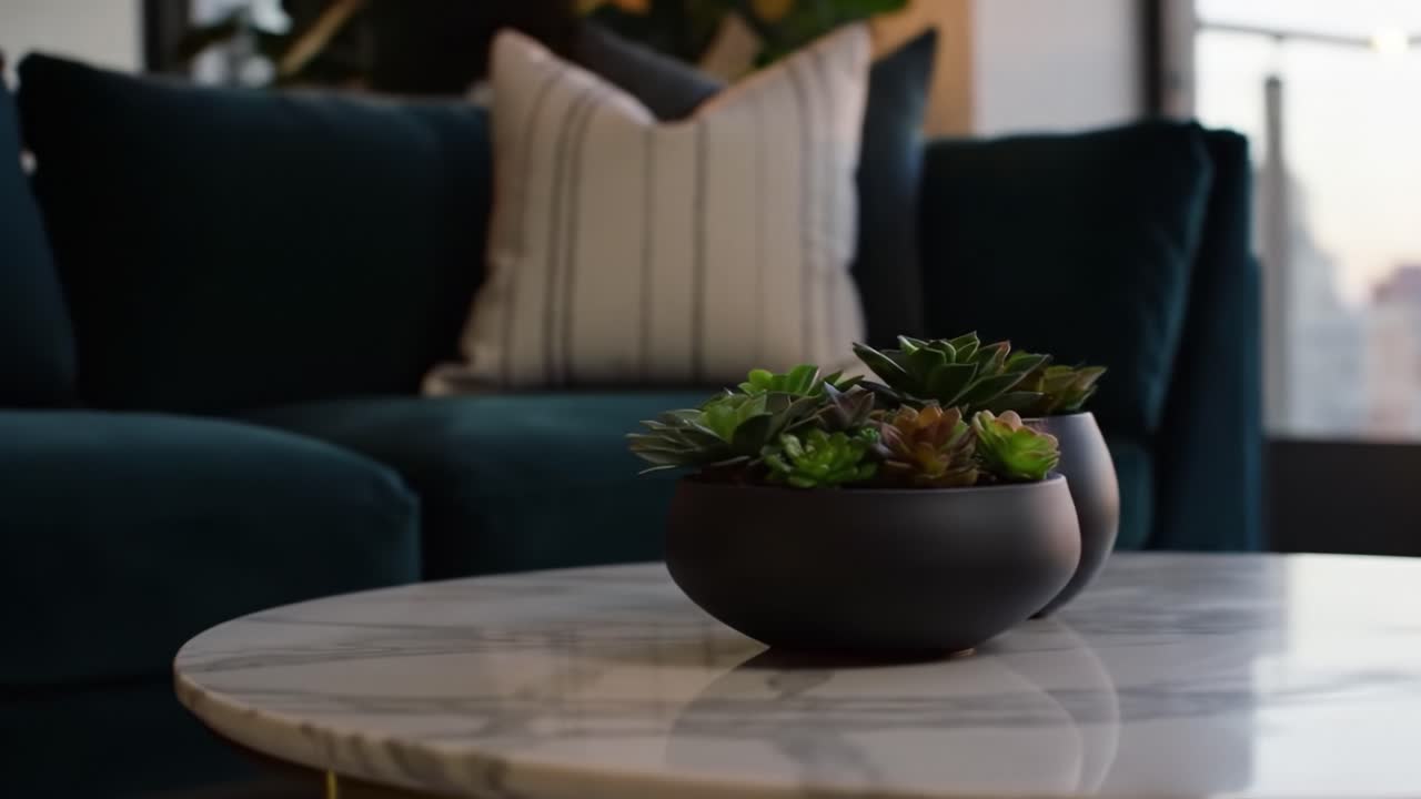 A Serene Living Space Showcasing Elegant Succulent Arrangements on a Stylish Marble Table with a Cozy Sofa in the Background Amidst a Cityscape Outlook
