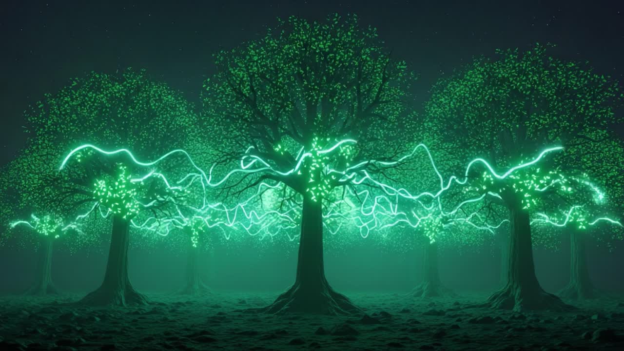 A Mystical Forest of Luminous Trees Illuminated by Neon Green Lights Creating an Enchanted Atmosphere in a Dreamlike Setting at Night