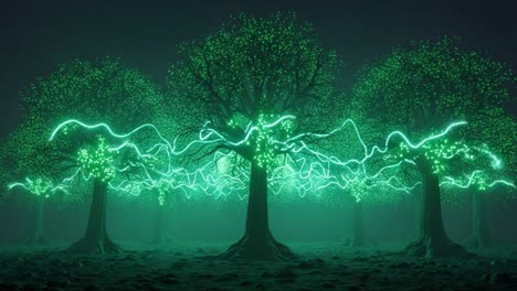 a mystical forest of luminous trees illuminated by neon green lights creating an enchanted atmosphere in a dreamlike setting at night