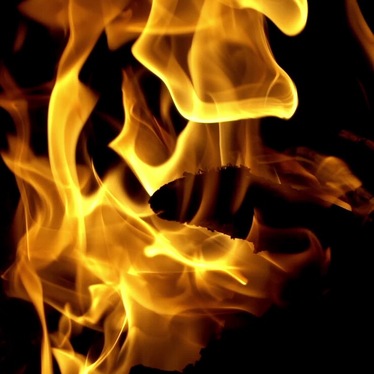 Fuoco che brucia di notte. Legna che brucia. Fuoco al rallentatore.