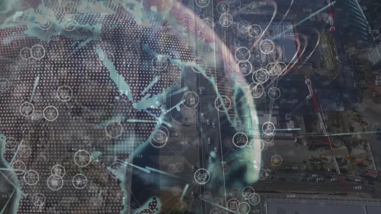 conexiones de red globales y animación de procesamiento de datos sobre el paisaje urbano