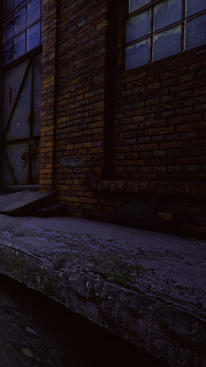 Old brick wall and wooden surface illuminated by soft warm light at dusk