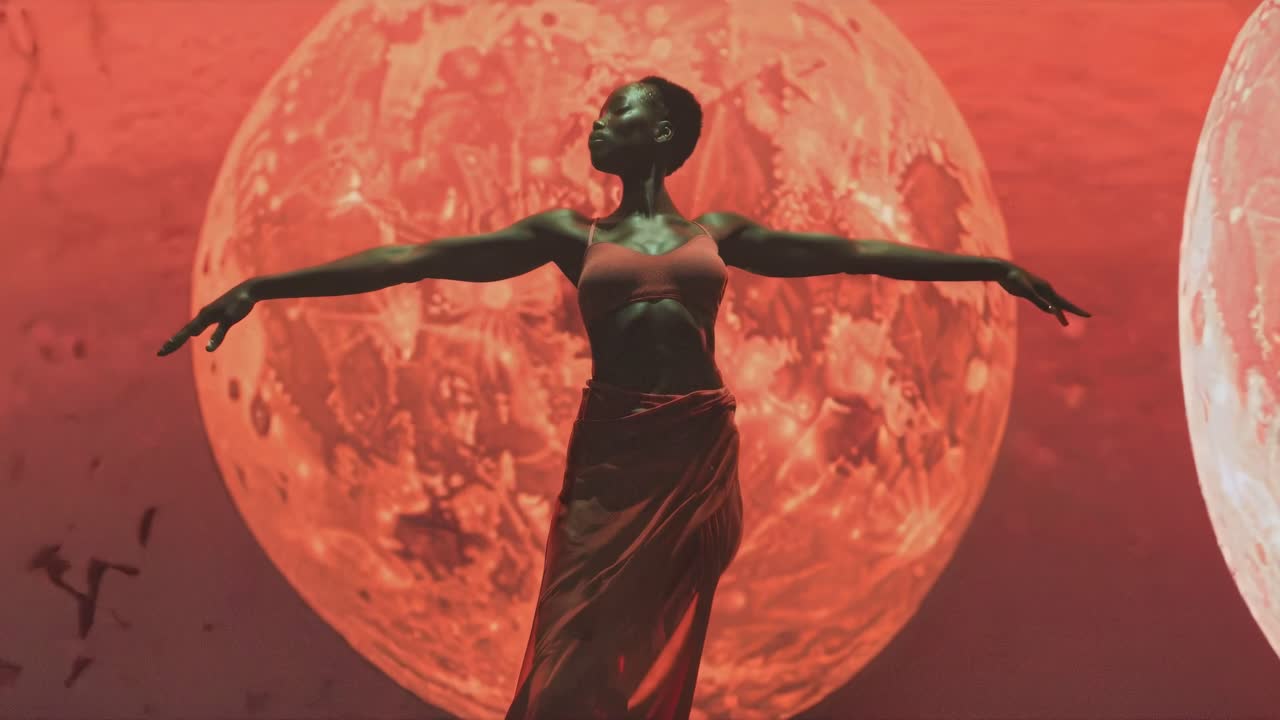 Una donna in silhouette si erge con sicurezza davanti a vibranti sfere cosmiche rosse.