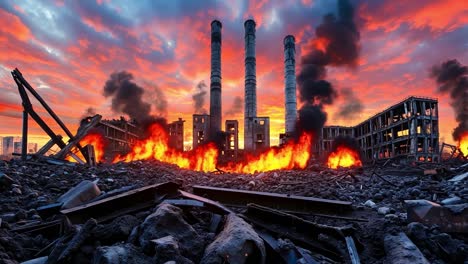 a large pile of rubble with a fire in the background