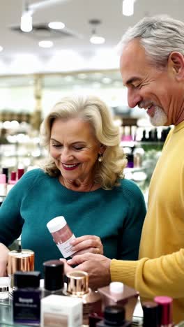 a man and woman are looking at perfume bottles in a store