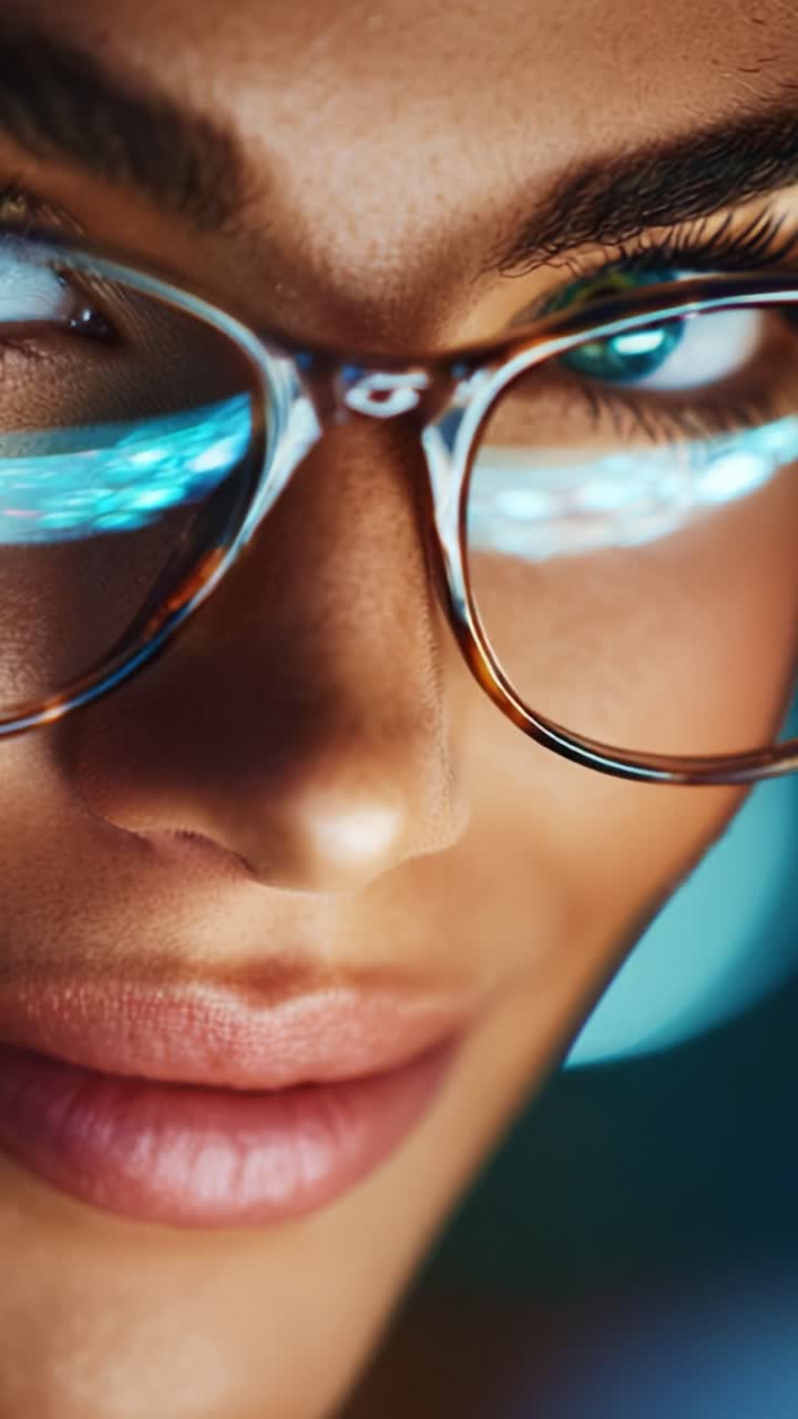 Primo piano di una donna sorridente con gli occhiali, che mostra vivaci riflessi nelle lenti, emanando sicurezza e stile moderno su uno sfondo colorato