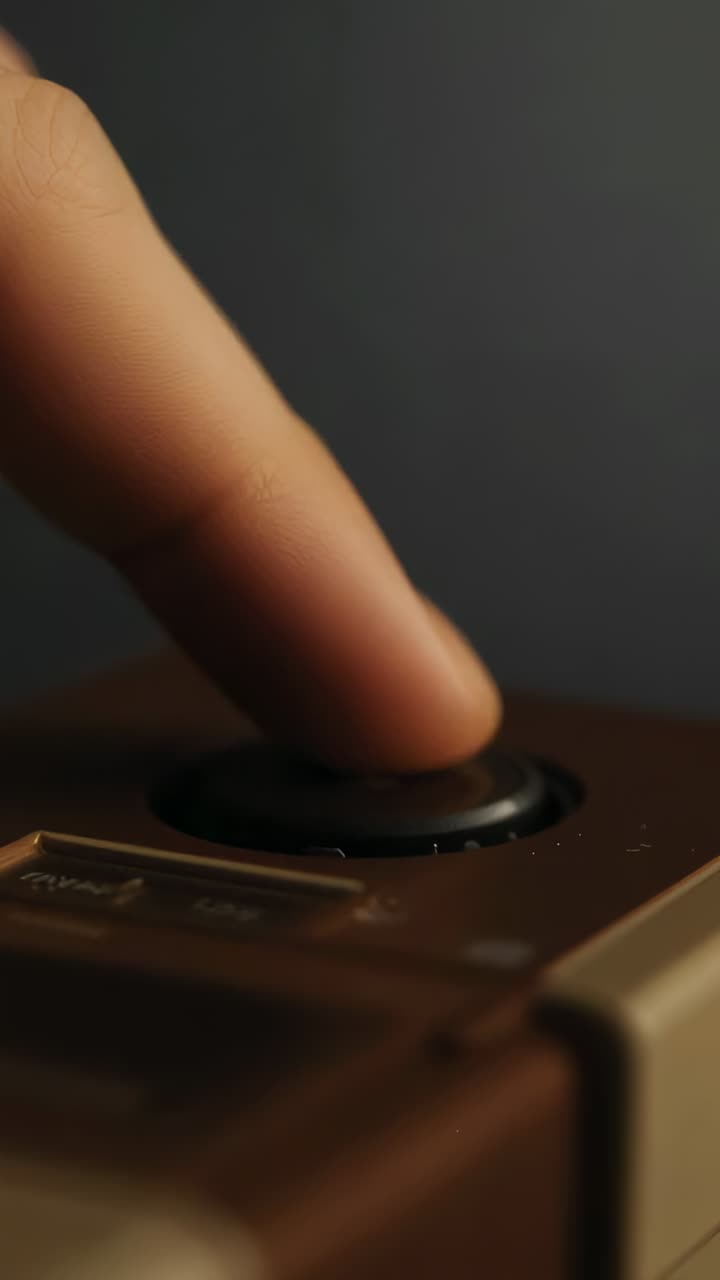 Video vertikal: Mendekati kontrol, menekan jari telunjuk, mengetuk kenop hitam pada perangkat cokelat, pengujian