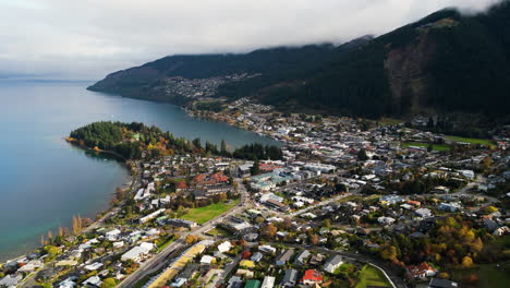 queenstown city near lake wakatipu, new zealand in aerial drone view