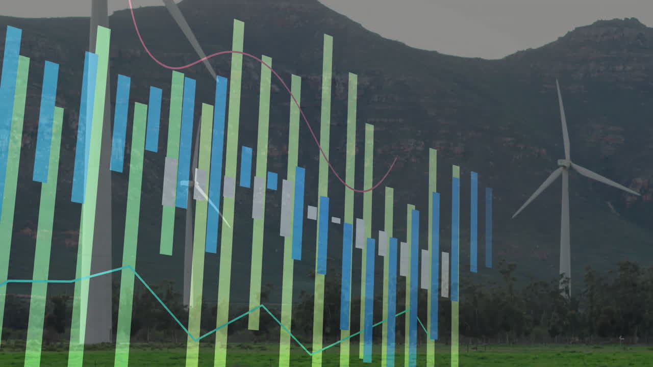 Animation of colorful data graphs with wind turbines over mountainous landscape