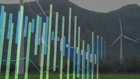 animation of colorful data graphs with wind turbines over mountainous landscape