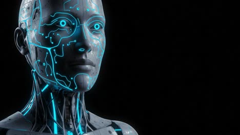 exploring the future of technology: a close-up view of an advanced robotic head featuring intricate circuitry and illuminated elements against a dark background