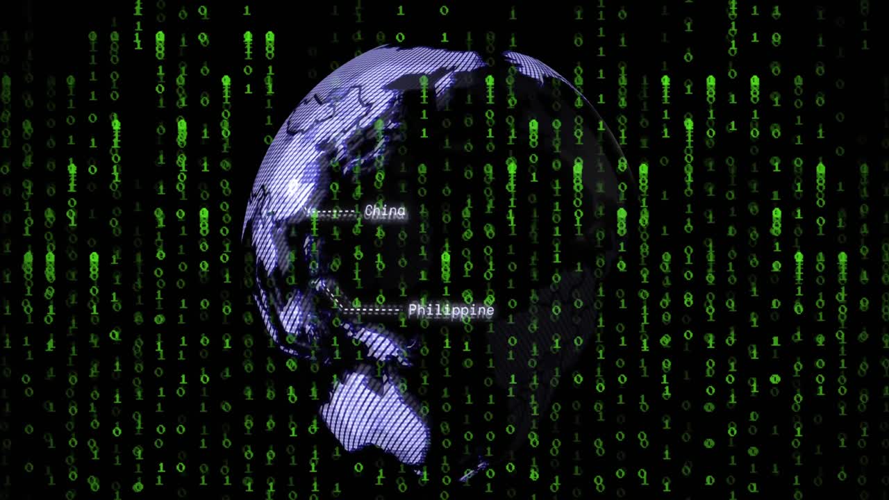 Animation of data processing and globe on black background