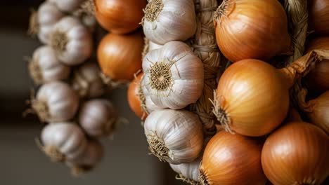a beautiful arrangement of fresh garlic and onions hanging together, showcasing the vibrant colors and unique textures of these flavorful ingredients