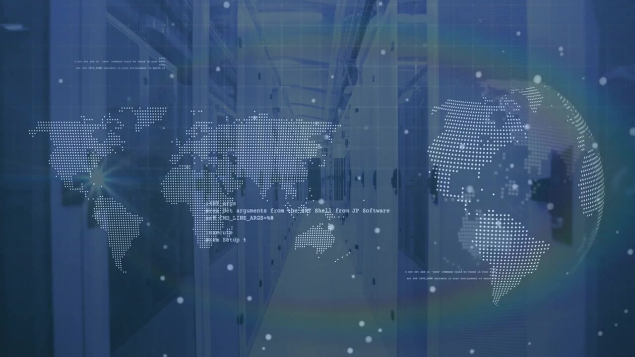 Testo da riga di comando che emerge, causando la rotazione di una mappa del globo con particelle pulsanti che fluttuano, visualizzando il flusso.