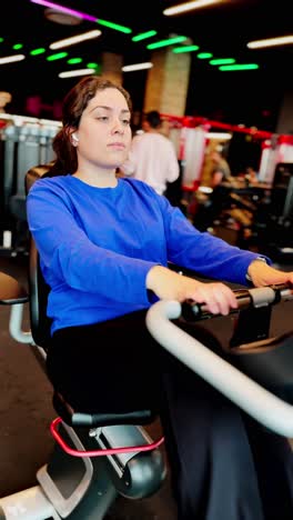 young woman checking smartwatch during exercise bike workout