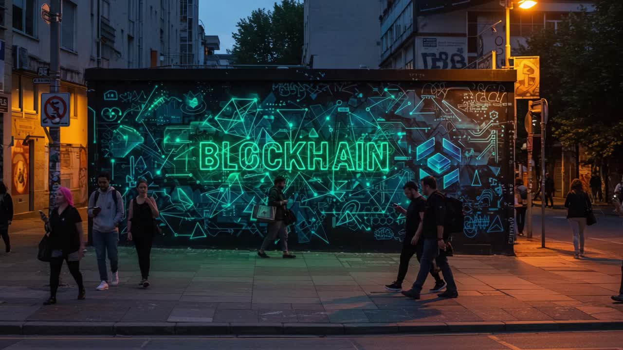 A vibrant mural displaying the word 'BLOCKCHAIN' illuminated against a city backdrop, featuring dynamic geometric designs and people engaged in urban strolling during twilight