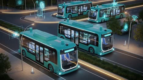 modern autonomous buses navigating an intelligent city: a futuristic vision of smart transport systems with advanced technology and connectivity
