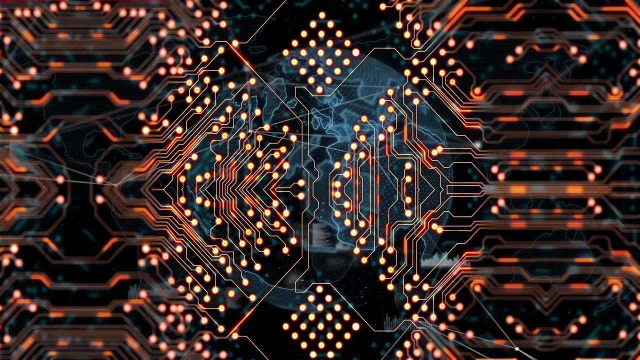 Animation of integrated circuit over world map on digital screen