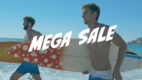 Animación-Del-Texto-De-Mega-Venta-Sobre-Surfistas-Felices-En-La-Playa