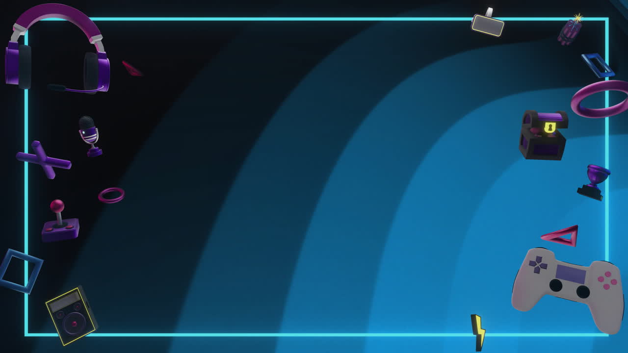 Animation of game controllers, shapes, icons and blue frame over flashing blue curves