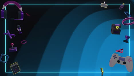 animation of game controllers, shapes, icons and blue frame over flashing blue curves