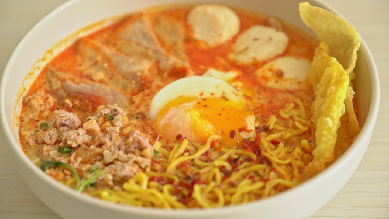 fideos de huevo con carne de cerdo y albóndigas en sopa picante o fideos tom yum al estilo asiático