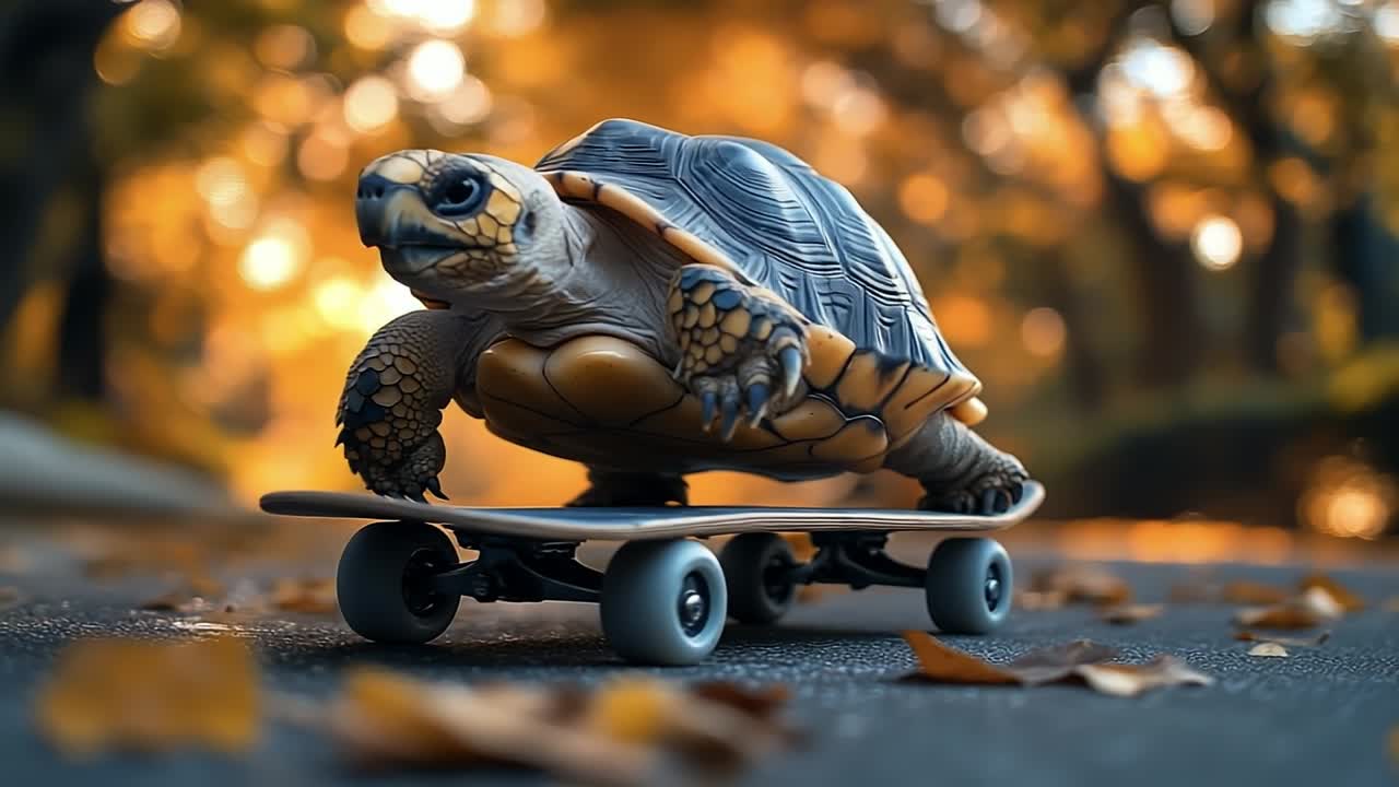 Turtle skating through autumn leaves. A turtle rides a skateboard on a road covered with colorful autumn leaves, showcasing an unusual and playful activity.