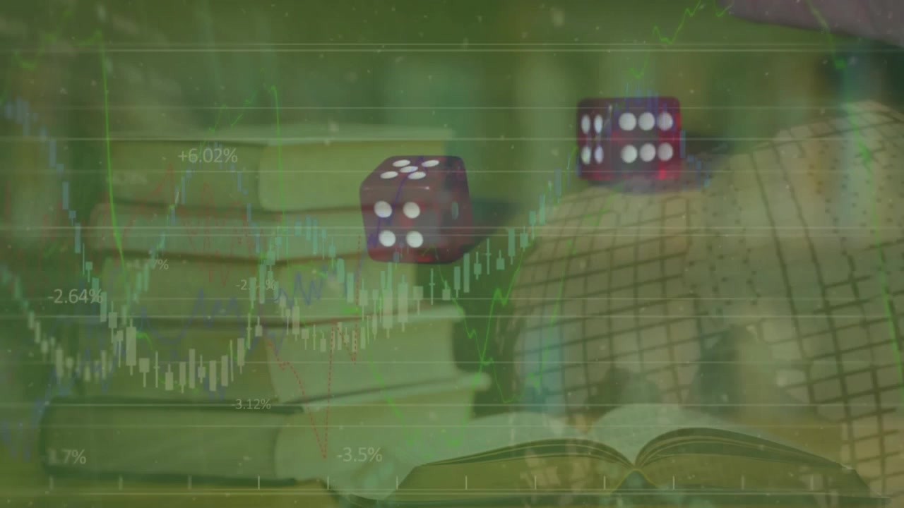 Animation of financial data processing with dices and globe over books