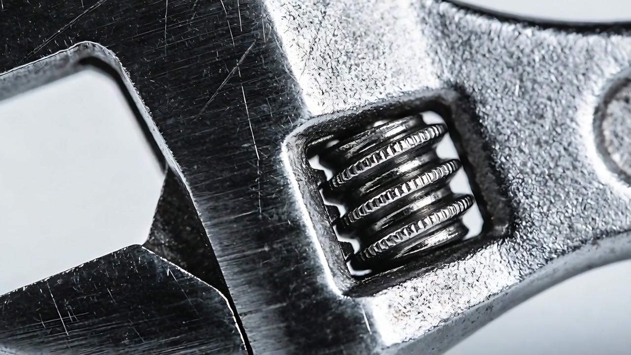 Rotating adjustable wrench worm screw moving from off-frame adjuster in studio macro, adjusting jaw