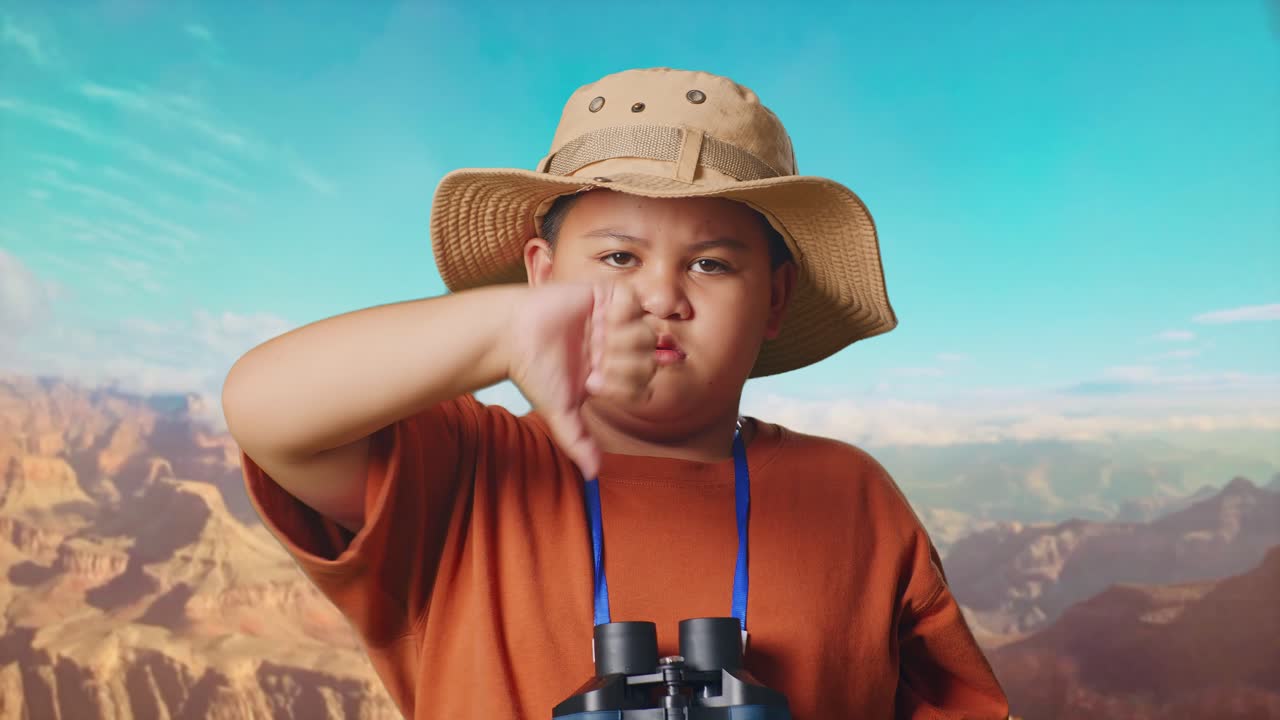 Asian Boy With A Hat Showing Thumbs Down Gesture After Looking Through The Binoculars. Boy Researcher Examines Something While Traveling At The Top Of Mountain, Travel Adventure Concept, Close Up