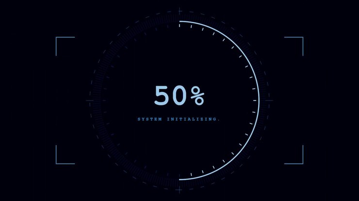 Barra di avanzamento dell'inizializzazione del sistema digitale con interfaccia HUD circolare.
