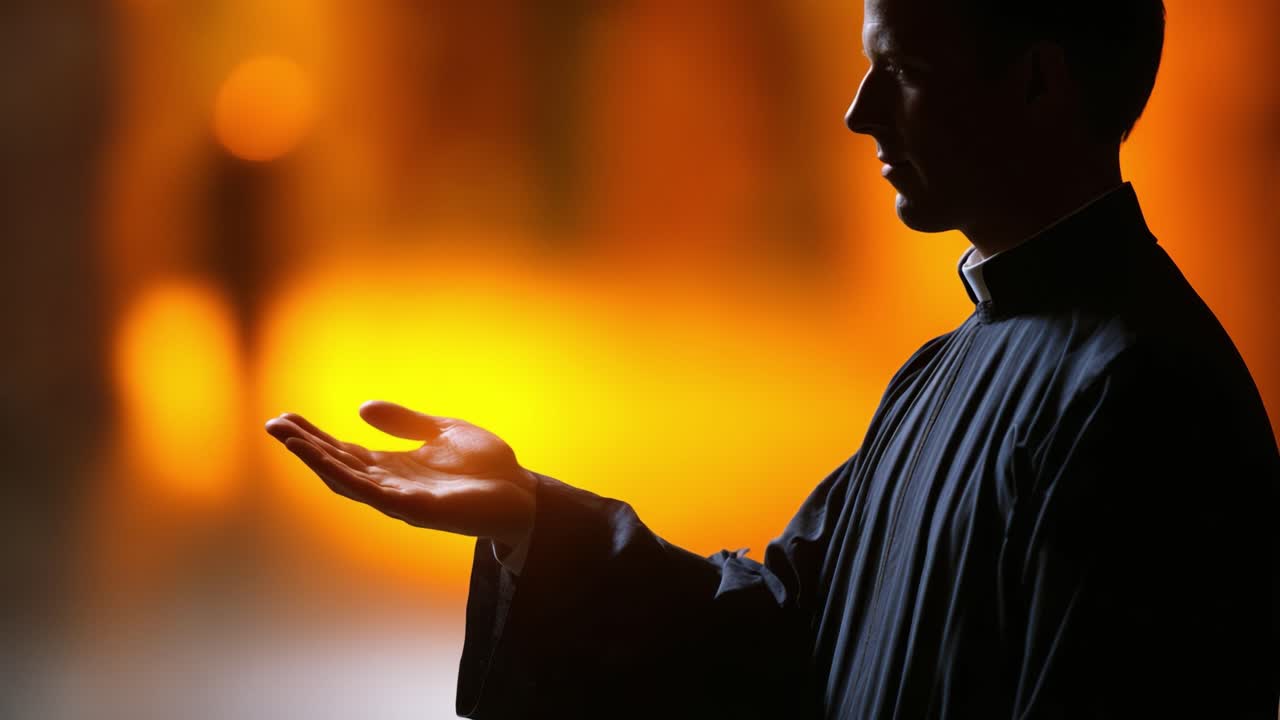 Una figura contemplativa in abito talare si erge in uno spazio leggermente illuminato, mettendo in mostra la serena interazione tra spiritualità e luce in un momento profondo