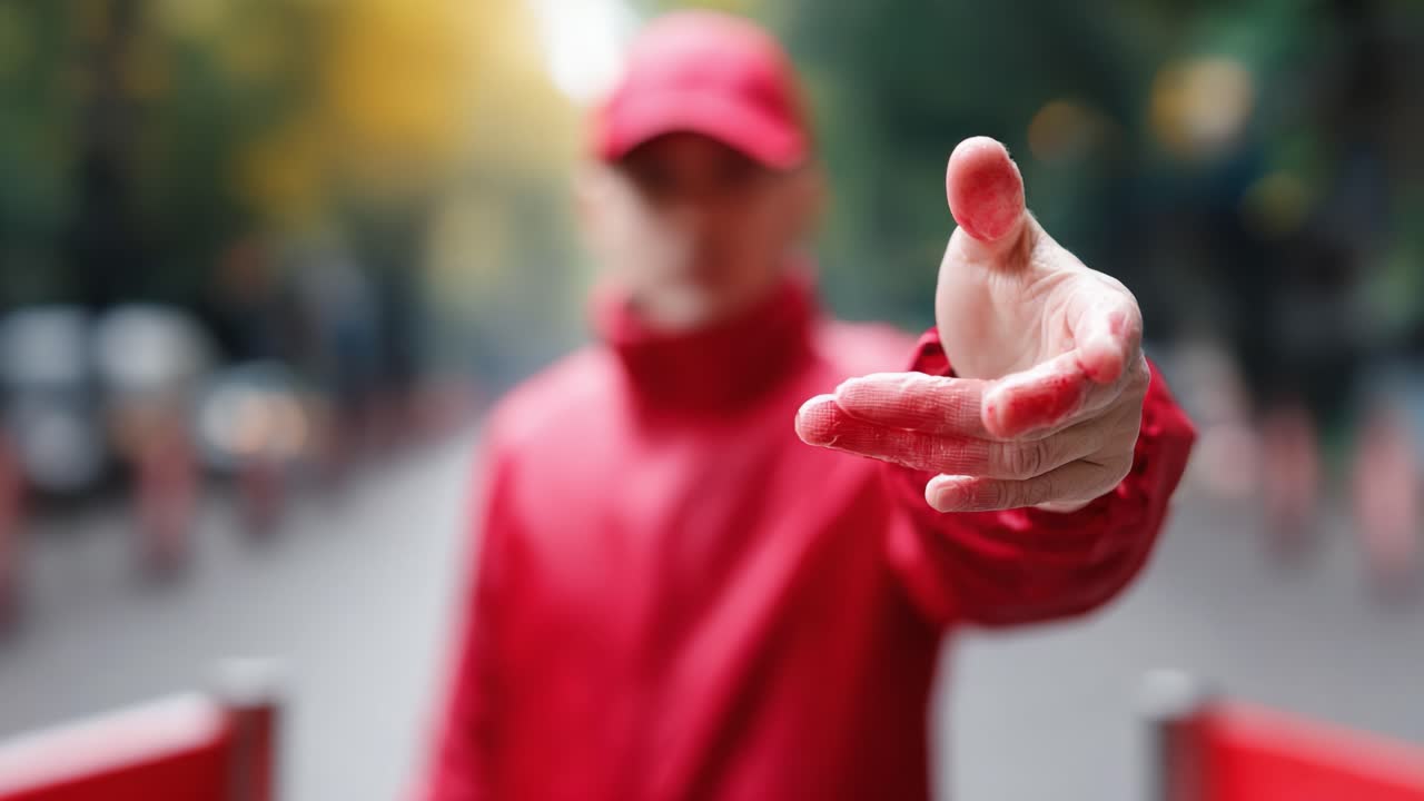 A Person in a Red Jacket Extends a Colorful Hand Towards the Camera, Highlighting Their Bold Gesture in a Vibrant Urban Environment Filled with Autumn Colors