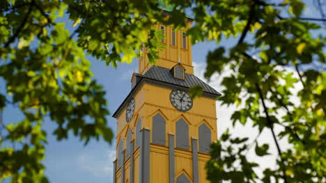 close up tromso cathedral exterior and church clock tower in norway