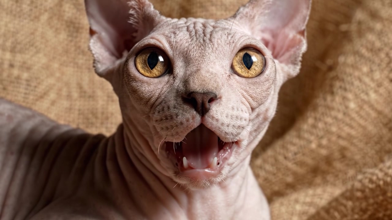 Close-up cativante de um gato Sphynx com características distintas e olhos expressivos contra um fundo texturizado