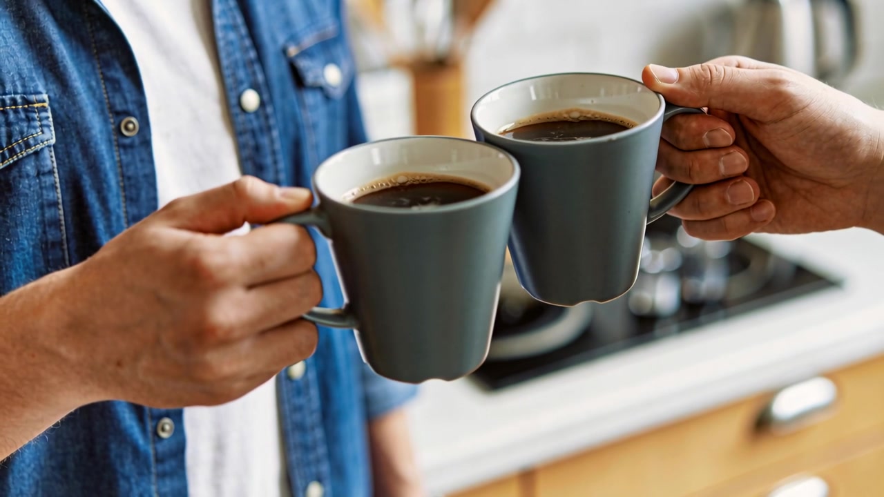 Zwei Erwachsene stoßen mit passenden graugrünen Kaffeetassen am Küchenherd an und teilen den Morgen miteinander.
