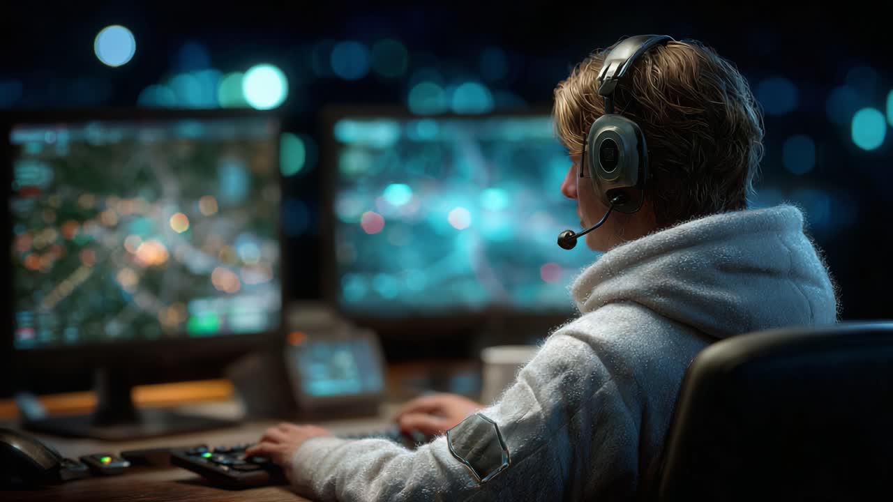 A focused individual engrossed in a digital landscape, managing intricate details on dual screens while communicating effectively through a headset in a dynamic, immersive environment